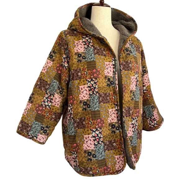 Patchwork Boho Fleece Chore Coat M/L Hooded Reversible Embroidered Cottagecore - Picture 12 of 12